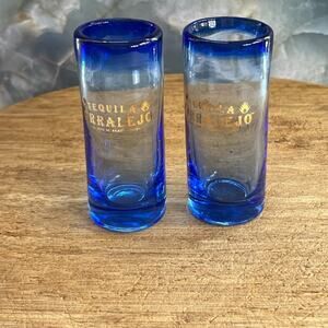 Tequila Corralejo Shot Glasses Colbat Blue Thick Glass Gold Etching Holds 2 Oz